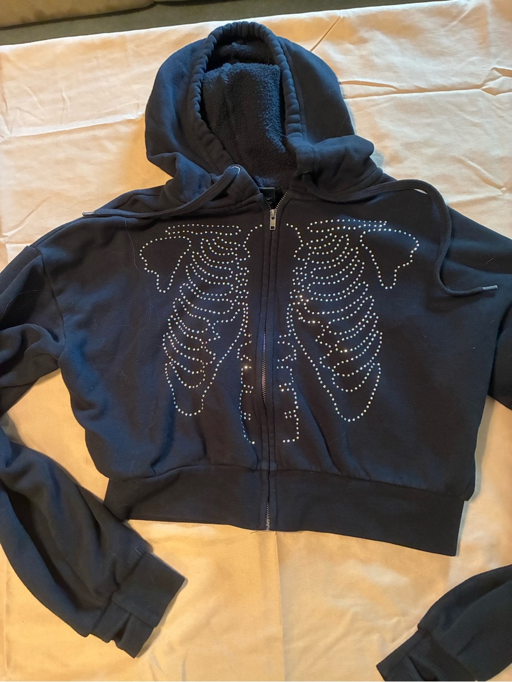 Women’s Black Hooded Zip Jacket with Sparkle Skeleton Design